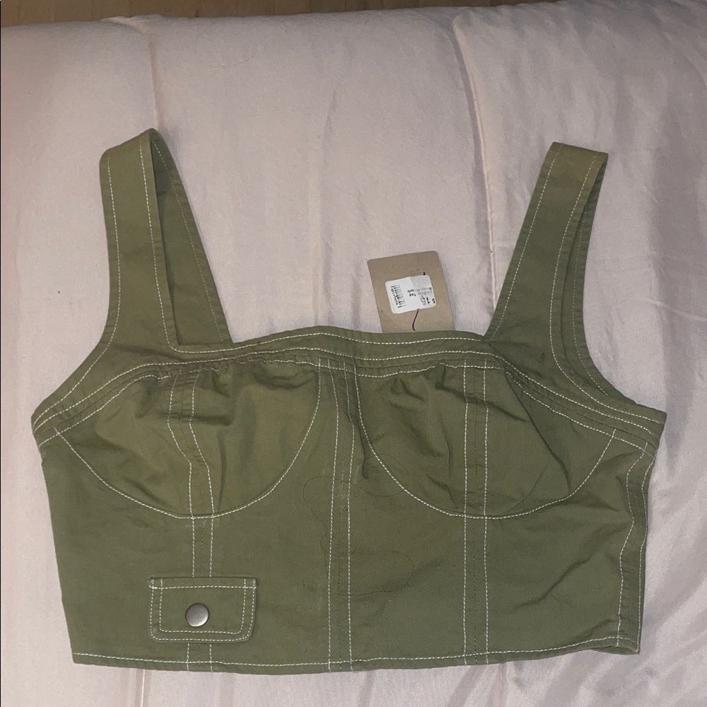 Zara Khaki Green Cropped Top with White Stitching